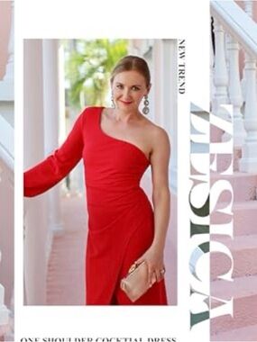 ZESICA Red One Shoulder Maxi Dress Ruched Slit Elegant Evening Size S NEW